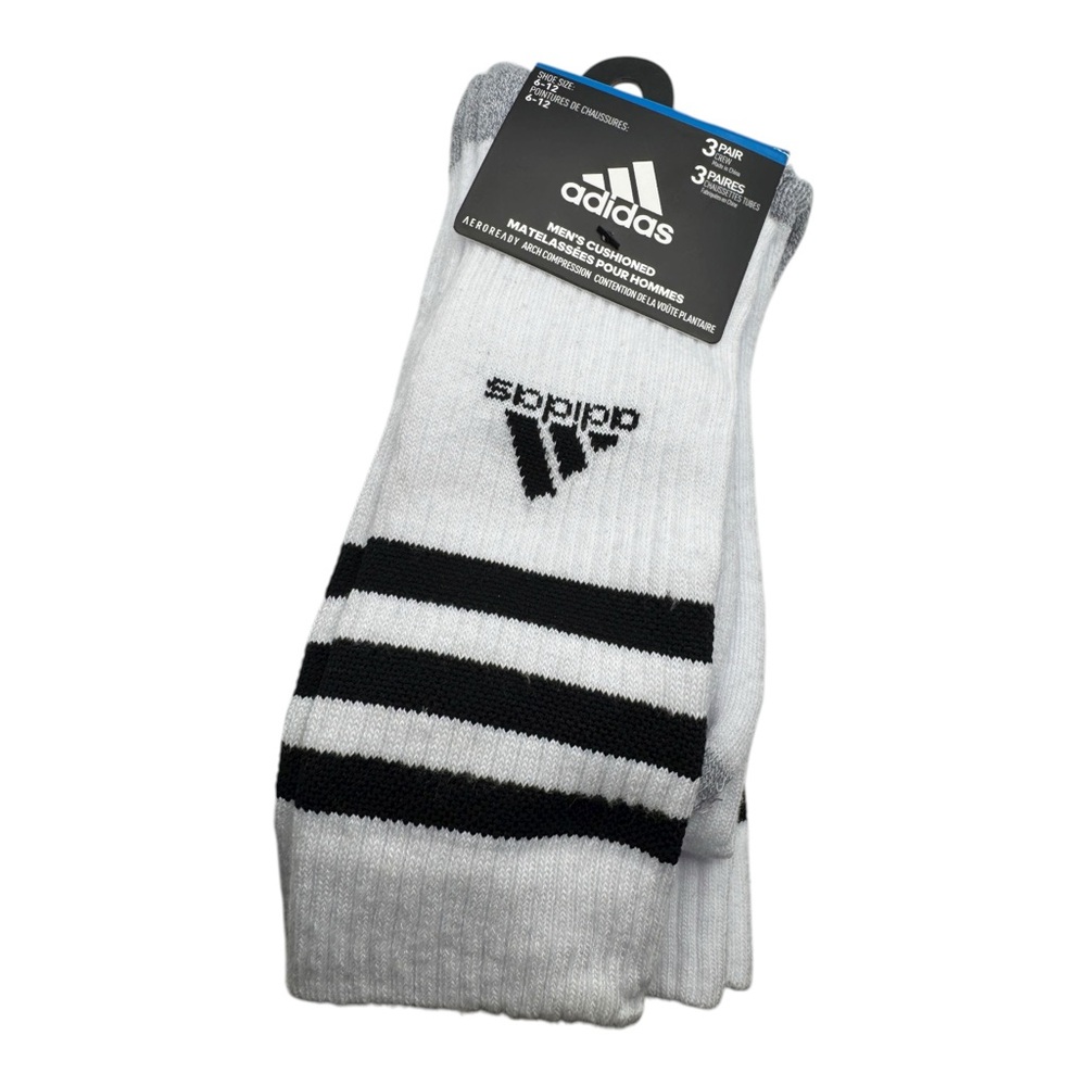 Adidas Men’s 3-Stripe Cushioned‎ Crew Socks 3-Pair White/Black Size 6–12
